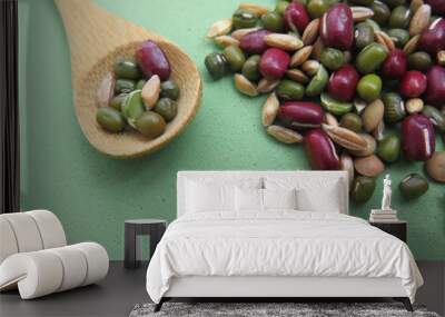 wooden spoon with legumes wooden spoon with assortment of legumes Wall mural