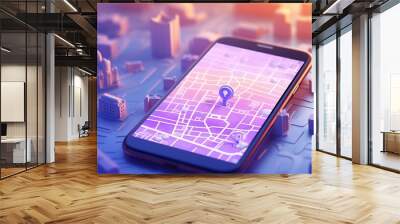 a map and phone with an aerial view of a city, in the style of light violet and light azure, rough-edged 2d animation, chinapunk, light white and light orange, blurry details Wall mural