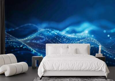 Abstract blue tech background with digital waves, dynamic network system, artificial neural connections, cyber quantum computing and electronic global intelligence  Wall mural