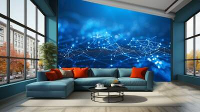 Abstract blue technology background with a cyber network grid and connected particles. Artificial neurons, global data connections, Business & technology graphics backgrounds. Wall mural