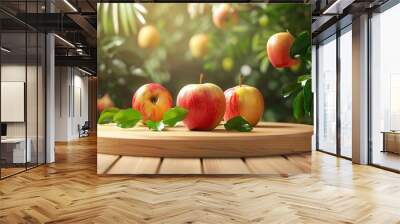 Background apple podium product fruit platform cosmetic scene display. Podium apple vitamin stand background pedestal presentation food stage summer juice c beauty dry natural wood drink Wall mural