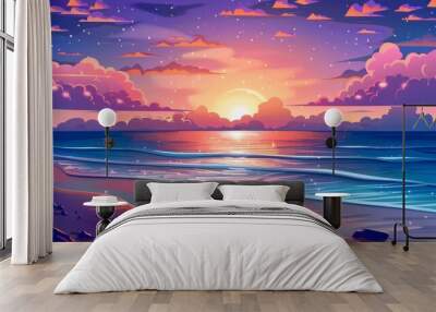 Beautiful sunset over the sea. Vector illustration in cartoon style Wall mural