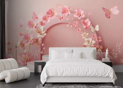 Butterfly podium background pink 3D flower pedestal rose stage cosmetic wedding platform. Background podium gold butterfly arch floral beauty spring presentation shop paper day product mockup showcase Wall mural