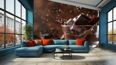 chocolate splashing out of a glass bowl. copy space Wall mural