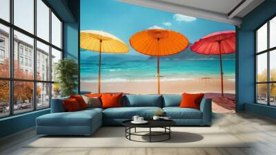 Colorful Chinese paper parasols for shade at the sunny beach. summer day Wall mural