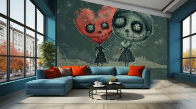 Cute creepy vintage valentines day monster zombie ghost girl and boy couple with a big heart on a dark background Wall mural