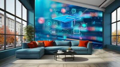 digital education concept with icons of computer, graduation cap and school board on blurred background. Digital learning online system for distance education or futuristic new AI technology Wall mural