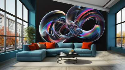 digital rendering of two intertwined, curved shapes that resemble the form and movement of iridescent soap bubbles. The curves should be smooth with an ethereal quality Wall mural