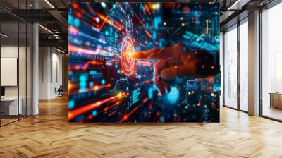 Digital technology, internet network connection concept. Finger touching on virtual screen with futuristic technology background, data exchange, digital transformation Wall mural