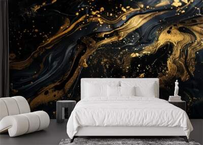 Gold abstract black marble background art paint pattern ink texture watercolor white fluid wall. Abstract liquid gold design luxury wallpaper nature black brush oil modern paper splash painting water Wall mural