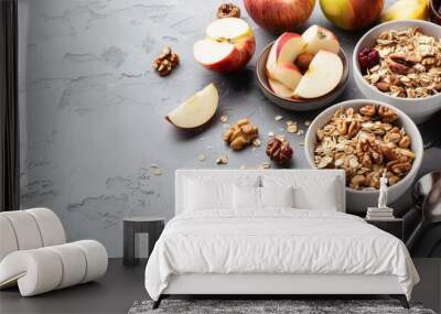 Healthy home made breakfast of muesli, apples, fresh fruits and walnuts. copy space Wall mural