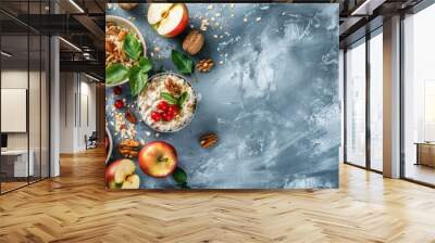 Healthy home made breakfast of muesli, apples, fresh fruits and walnuts. copy space Wall mural