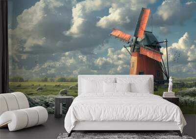 old windmill in a vast, open field with grazing sheep Wall mural