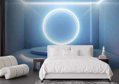 Podium background 3D light tech stage future platform game abstract. Podium 3D background technology room product circle glow effect portal stand studio scene white design ring modern display space Wall mural