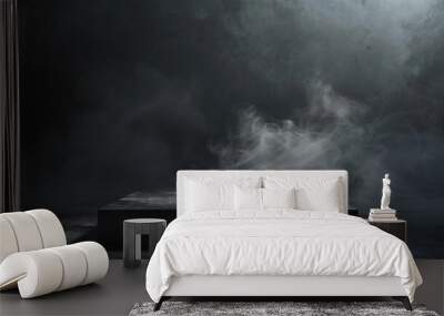 Podium black dark smoke background product platform abstract stage texture fog spotlight. Dark black floor podium dramatic empty night room table concrete wall scene place display studio smoky dust Wall mural