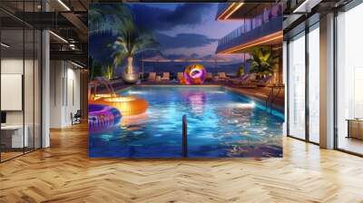 realistic photo in a huge pool with inflatable toys and a deck with sunchairs and a tropical vibe, at night Wall mural