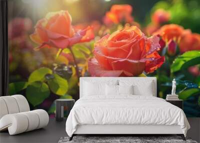 rose garden in spring, blooming colorful roses Wall mural