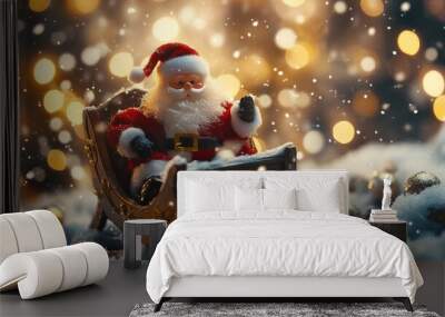 Santa Claus figurine sits in a wooden sleigh, surrounded by snow and bokeh lights Wall mural