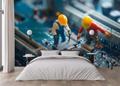 Selective focus of miniature engineer and worker fixed and repair CPU processor, mainboard computer and use for business background. worker's day, labor day Wall mural