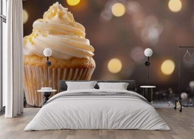 Tasty cupcake with butter cream on lights background. copy space Wall mural