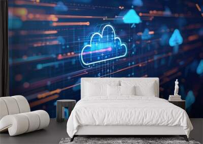 Technology networking and digital communication in business with cloud computing concept web storage for data global social media ai server online binary illustration background modern futuristic Wall mural