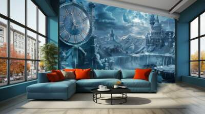 Time travel Technology Background with Clock concept and Time Machine, Can rotate clock hands. Jump into the time portal in hours. Traveling in space and time. frozen time/clock Wall mural