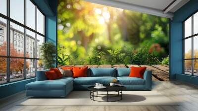 Wooden table and blurred green nature garden background Wall mural