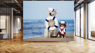 two adorable dogs holding life buoys on the beach Wall mural