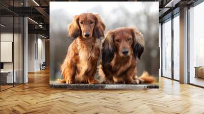 two curious dogs posing together outdoors Wall mural