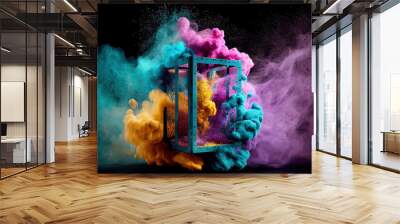 Colourful Holi powder explosions inside of a cage. Concept of idea in a cage Wall mural