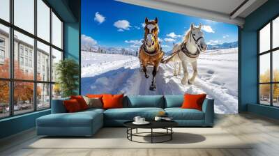 Horse-drawn sleigh ride through snow Wall mural