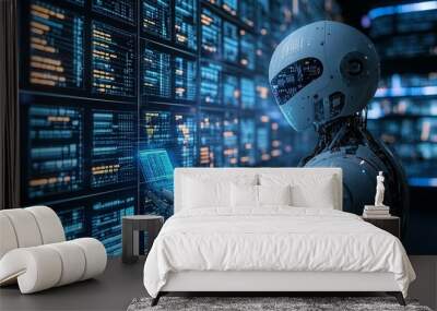 A futuristic robot interacts with a wall of digital data. Wall mural