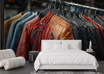 A Row of Leather Jackets Hanging on a Rack in a Store Wall mural