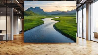 A Serene River Winding Through Lush Green Grasslands Under a Cloudy Sunset Sky Wall mural