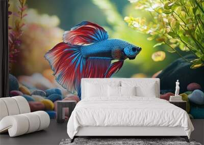 A vibrant blue and red Siamese fighting fish with flowing fins Wall mural