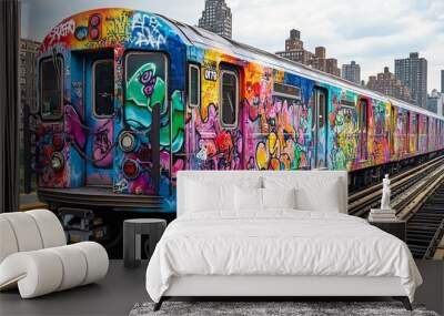 A Vibrant Subway Train Covered in Graffiti Art Wall mural