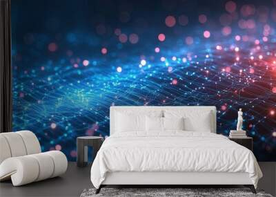 Abstract Digital Network with Blue and Red Lights Wall mural