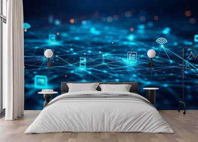 Abstract digital network with connected devices and icons Wall mural