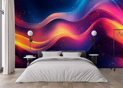 Abstract glowing waves with colorful gradient and sparkling particles on dark background Wall mural