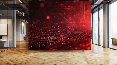 Abstract Red Circuit Board with Glowing Lines and Bokeh Wall mural