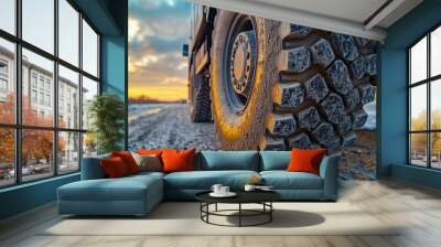 Close-up of a Mud-Covered Truck Tire at Sunset Wall mural