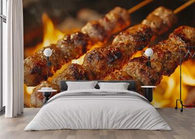 Close-up of Grilled Meat Skewers Over Flames Wall mural