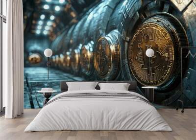 Futuristic Tunnel Lined with Bitcoin Coins Wall mural