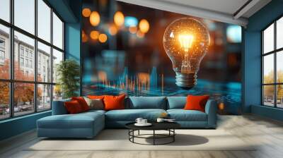 Glowing Light Bulb with Data Visualization and Blurry Background Wall mural