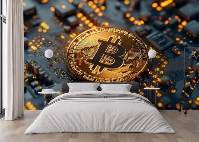 Golden Bitcoin Coin on Circuit Board with Illuminated Connections Wall mural