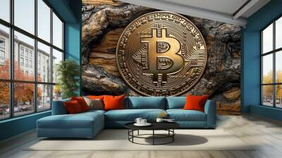 Golden Bitcoin Coin Resting on Rough Wood Grain Wall mural