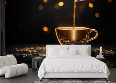 Golden Cup with Pouring Coffee and Bokeh Lights Wall mural