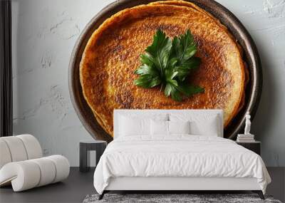 Golden Omelet with Parsley Garnish on a Brown Plate Wall mural