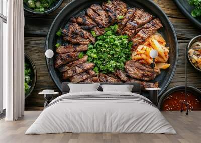 Grilled Beef with Kimchi, Green Onions, and Sesame Seeds Wall mural