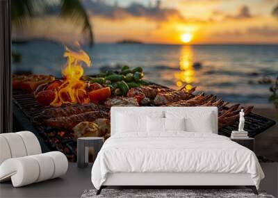 Grilled Seafood and Vegetables on a Beach at Sunset Wall mural